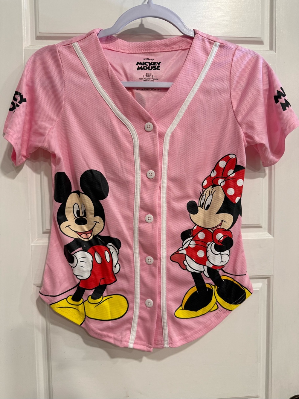 Disney Mickey Minnie Mouse Girls Pink Baseball Jersey Shirt Size L 10/12
